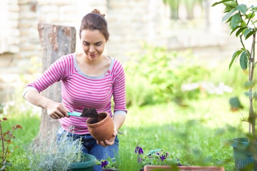 A young woman with dark hair tied back, wearing a pink and white striped long-sleeve top, is engaged in gardening in an outdoor garden space. She is holding a terracotta flower pot in one hand and using a small trowel with the other to plant or loosen soil in the pot. The garden features a lush green lawn with vibrant purple and green flowering plants in the foreground, complemented by various potted plants and garden beds arranged around her. In the background, there is a stone wall and some mature trees, indicating a well-maintained garden area typical of residential outdoor landscaping in Kilburn. The scene occurs during daylight with natural lighting, suggesting a mild weather day suitable for outdoor gardening activities. This image reflects professional gardening and lawn care practices, possibly undertaken by a specialist such as Landscapers Kilburn, to enhance outdoor spaces.