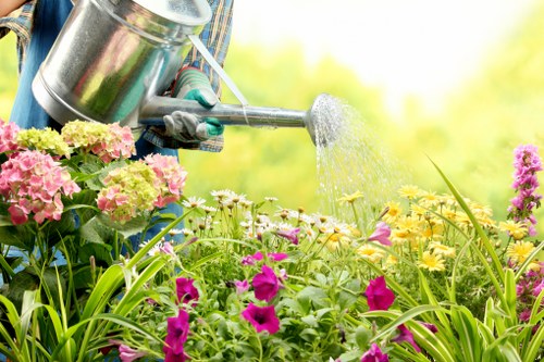 A gardener's gloved hand holds a metal watering can, pouring water over a vibrant garden bed in an outdoor space. The garden features a variety of flowering plants, including pink, yellow, and purple blossoms, with lush green foliage and long, slender leaves. Behind the flowers, there are elements of a landscaped yard such as soil beds and possible mulch areas, surrounded by natural sunlight that illuminates the scene. The background shows a softly focused green backdrop, indicating a healthy, well-maintained garden environment typical of residential outdoor spaces in Kilburn. The scene reflects ongoing gardening care, with emphasis on plant watering and outdoor maintenance that services companies like Landscapers Kilburn provide to enhance garden vitality and visual appeal.